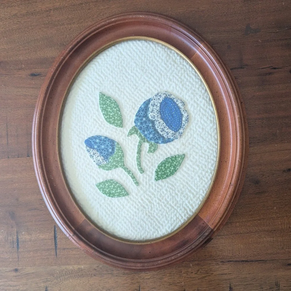 Vtg Handmade Framed Fabric Art Blue Pink Quilted Floral Cottagecore Set of 2